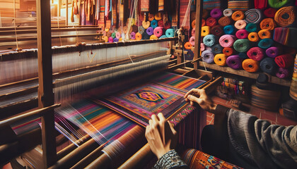 Weaver's hands actively working on a colorful tapestry, using a traditional wooden loom.