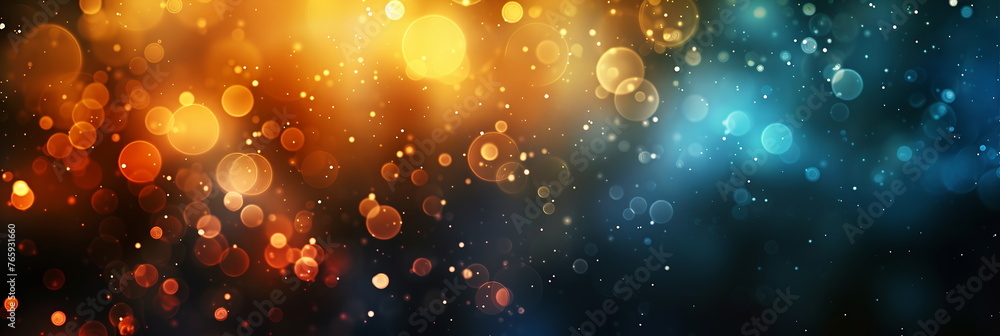 Poster defocused xmas lights. sparkling golden colorful particles, glowing bokeh lights. festive abstract c