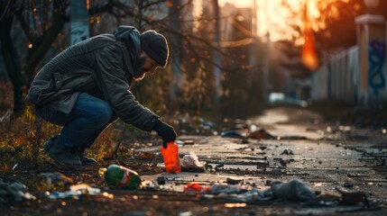 Man collecting trash in an urban area during sunset. Community service and environmental activism concept for background, volunteering, and social responsibility - obrazy, fototapety, plakaty