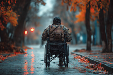 back of military disabled soldier man with an amputated leg in a invalid wheelchair on walk in park in autumn - obrazy, fototapety, plakaty