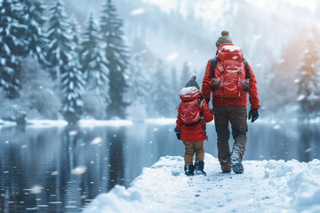 Family travel to cold countries is a trending direction of northern tourism. Journey of father and son.