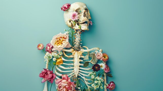 Artistic representation of human skeleton adorned with colorful flowers on a turquoise background. Conceptual art blending nature and anatomy with copy space