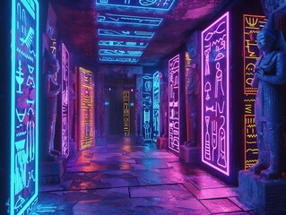 A sci-fi burial chamber adorned with mysterious hieroglyphics and holographic displays neon