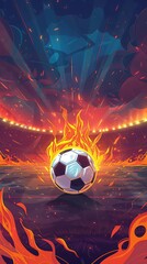 A soccer ball ablaze with flames on a floodlit stadium field