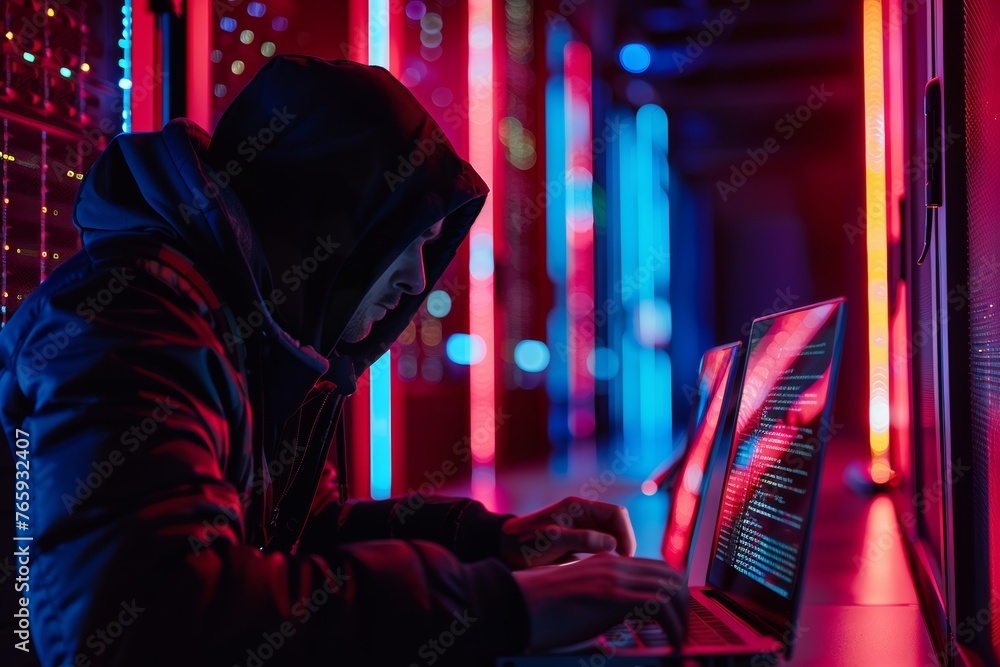 Poster cybersecurity analysis: man with laptop studying data in data center
