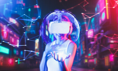 Female standing in virtual cyberpunk style building wear VR headset connecting metaverse, future...