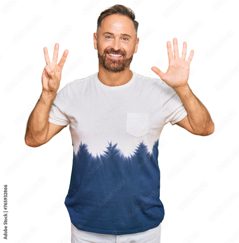 Poster Handsome middle age man wearing casual tie dye tshirt showing and pointing up with fingers number eight while smiling confident and happy.