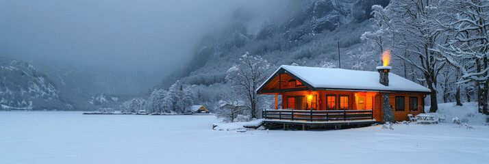 Exterior of a tourist house against the backdrop of a winter landscape and cold travel destinations. Snowy picturesque landscape. Banner.
