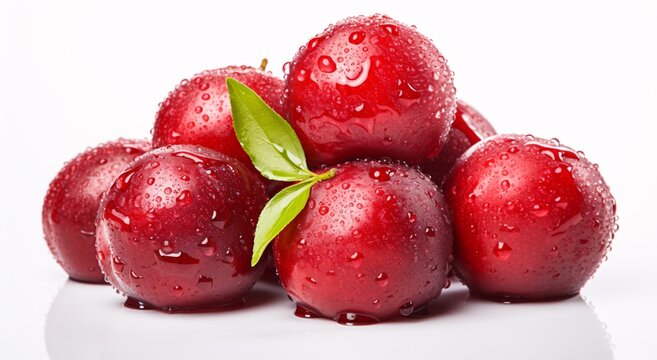 a group of red fruits with water drops on them