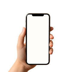 Hand holding smartphone isolated on transparent or white background, png