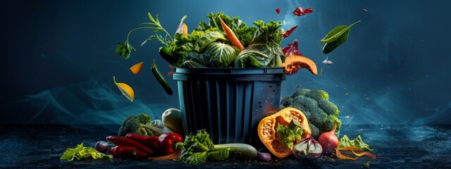 illustration of Unused, rotten veggies are disposed of in the trash. Food Waste and Food Loss Getting Rid of Food Waste at Home