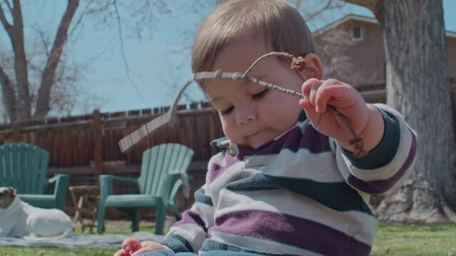 Closeup shot of a baby boy playing with a stick in the backyard