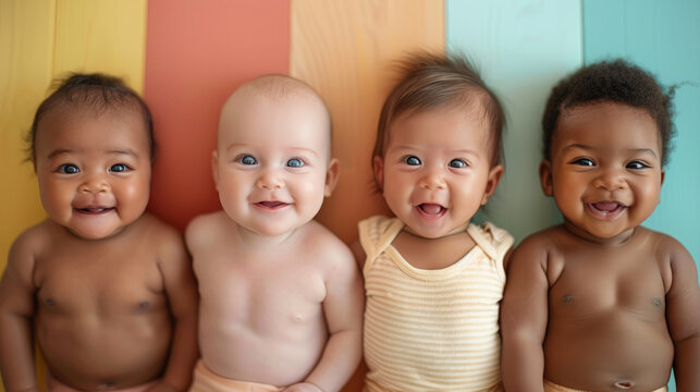 Cheerful babies of different ethnicities in diversity photo shoot on soft color background.