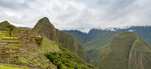 Panorama of Machu Picchu Terraces and Huayna Picchu Mountain  - 765933207