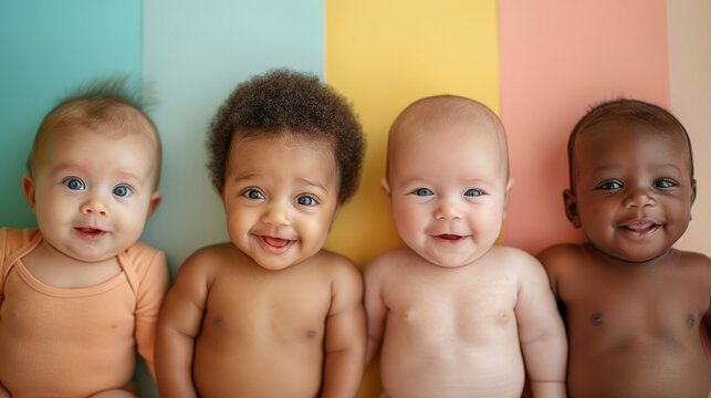 Cheerful babies of different ethnicities in diversity photo shoot on soft color background.