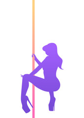 Exotic pole dance. Silhouette of girl and pole on a white background. Striptease dancer on high heels. Vector isolated illustration