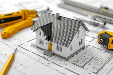 Miniature model of house on paper document with blueprint. Residential building, project construction. Architect plan of future real estate