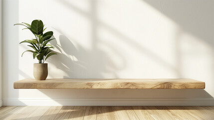 Wood floating shelf on white wall with wooden floor. Modern interior