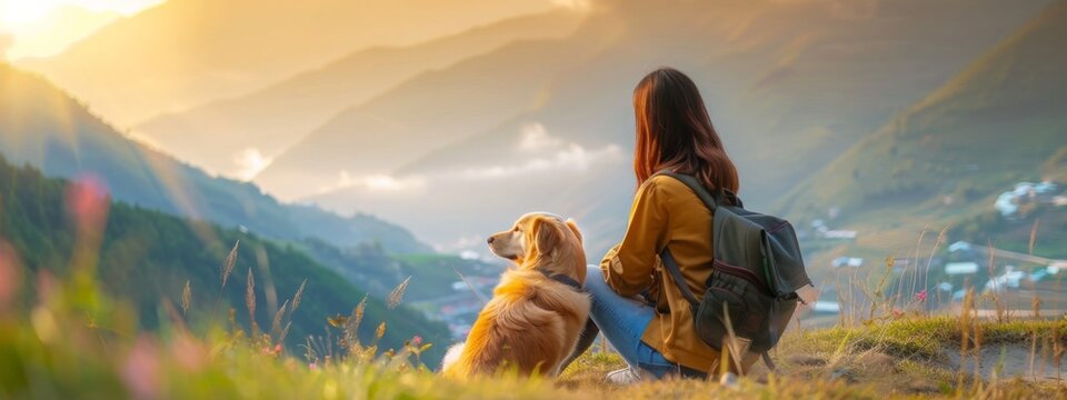 Healing time while the girl and dog look at the view spot in beautiful sky and landscape of the sunset. Communication concept suitable for holidays and refreshments.