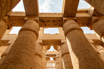 Looking up At the Capitals on Columns in the Hypostyle Hall at The Temple of Karnak in Luxor, Egypt - 765933629