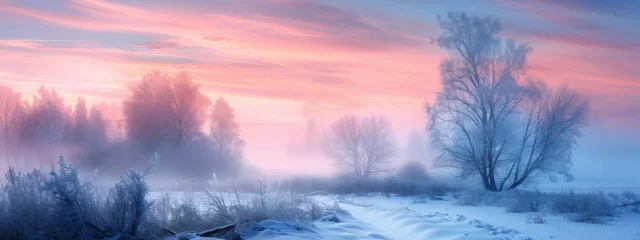 Poster Beautiful fantastic sky background of sunrise over snowy countryside landscape in winter snowy landscape. Landscape concept suitable for nature and winter scenery. © JovialFox