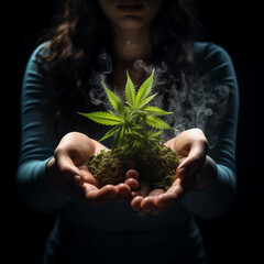 Frau hält ein Marihuana Hanf Pflanze Cannabis in der Hand - obrazy, fototapety, plakaty