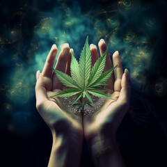 Frau hält ein Marihuana Hanf Pflanze Cannabis in der Hand - obrazy, fototapety, plakaty