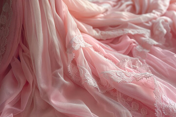 A background of ruffles and bows with a coquetry aesthetic combining playfulness and elegance. Romantic background. - obrazy, fototapety, plakaty