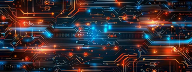 Abstract computer circuit board and IC chip lines are illuminated with neon lights in suitable for wallpaper background.　Technology concept suitable for machines and high performance.