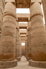 Towering Carved Columns in the Great Hypostyle Hall in the Karnak Temple Complex, Luxor Egypt - 765935043