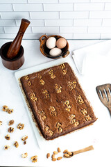 Pieces of fresh brownie. Delicious chocolate pie.