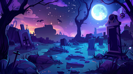 Cartoon Graveyard Game Background: 2D Illustration Setting the Scene for Spooky Adventures in a Graveyard-themed Game.