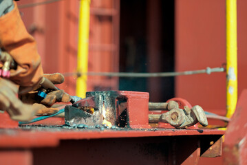 Certified Welder Man Cutting Metal Container Lashing Bar Bracket Using Oxygen Acetylene Cutting...