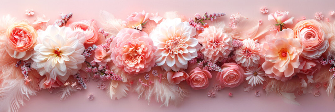 A romantic background of ruffled bows and flowers with a coquetry aesthetic combining playfulness and elegance. Banner on a pink background.
