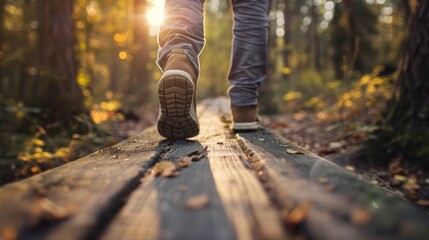 Man walking on a wooden path in the autumn forest, close up - obrazy, fototapety, plakaty