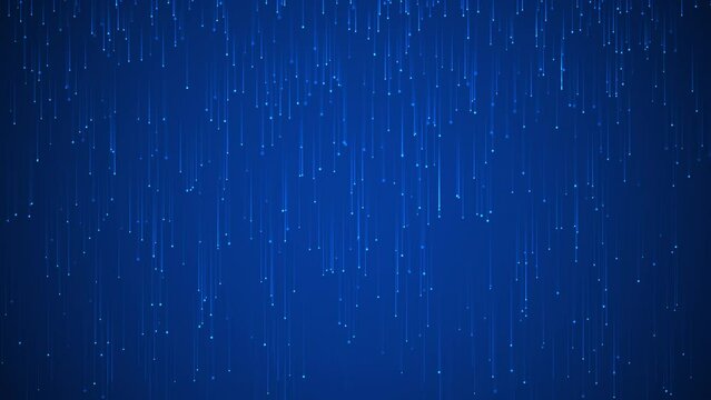 4K blue abstract background loop with falling particles creating a digital rain or binary code pattern.