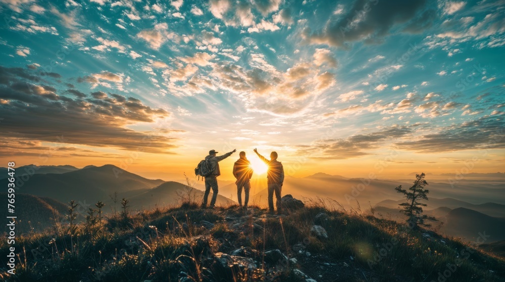 Wall mural couple of hikers standing on top of a mountain and looking at the sunset