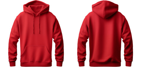 Mockup of two red hoodies front and back, tailored for branding and fashion design use, HD transparent background PNG Stock Photographic Image