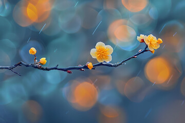 a close up of a branch with a yellow flower on it and a blurry background of blue and orange. - obrazy, fototapety, plakaty
