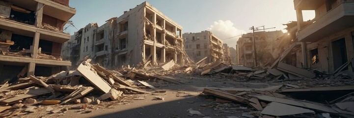 Collapsed buildings and debris after an earthquake