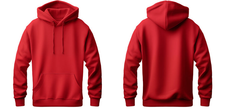Mockup of two red hoodies front and back, tailored for branding and fashion design use, HD transparent background PNG Stock Photographic Image