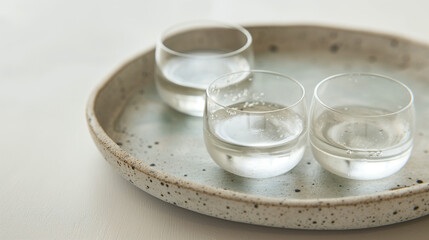 Sake Tasting Flight: Small Cups on Ceramic Platter, Each with Different Clear Shades, Bubbles Visible at Surface