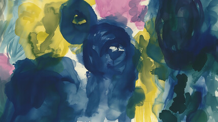 Abstract watercolor art showcase with blue and yellow hues