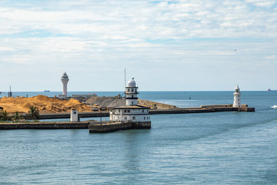 Lighthouses in the Channel of The Industrial Ocean Shipping Port and Harbor of Colombo, Sri Lanka, Worldwide Supply Chain