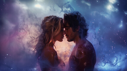 Couple embracing intimately amid glowing waves. Erotic dreams - obrazy, fototapety, plakaty
