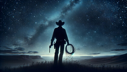 Silhouette of a cowboy with a lasso under a starry sky, conjuring a peaceful night in the vast open plains. - obrazy, fototapety, plakaty