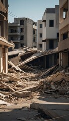 Collapsed buildings and debris after an earthquake