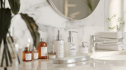 Luxurious Skincare Ritual: Ultra-Detailed Image of Woman's Daily Routine with High-End Skincare Products on Marble Countertop, Reflection in Mirror, Exuding Elegance and Sophistication in Beauty Care.