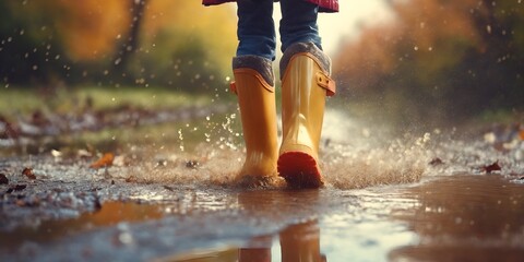Child wearing rain boots jumping into puddle. - obrazy, fototapety, plakaty