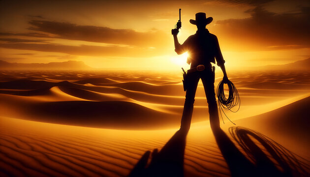 A lone cowboy stands in a desert at sunset, holding a gun with a lasso at his side, evoking the Wild West's solitude.